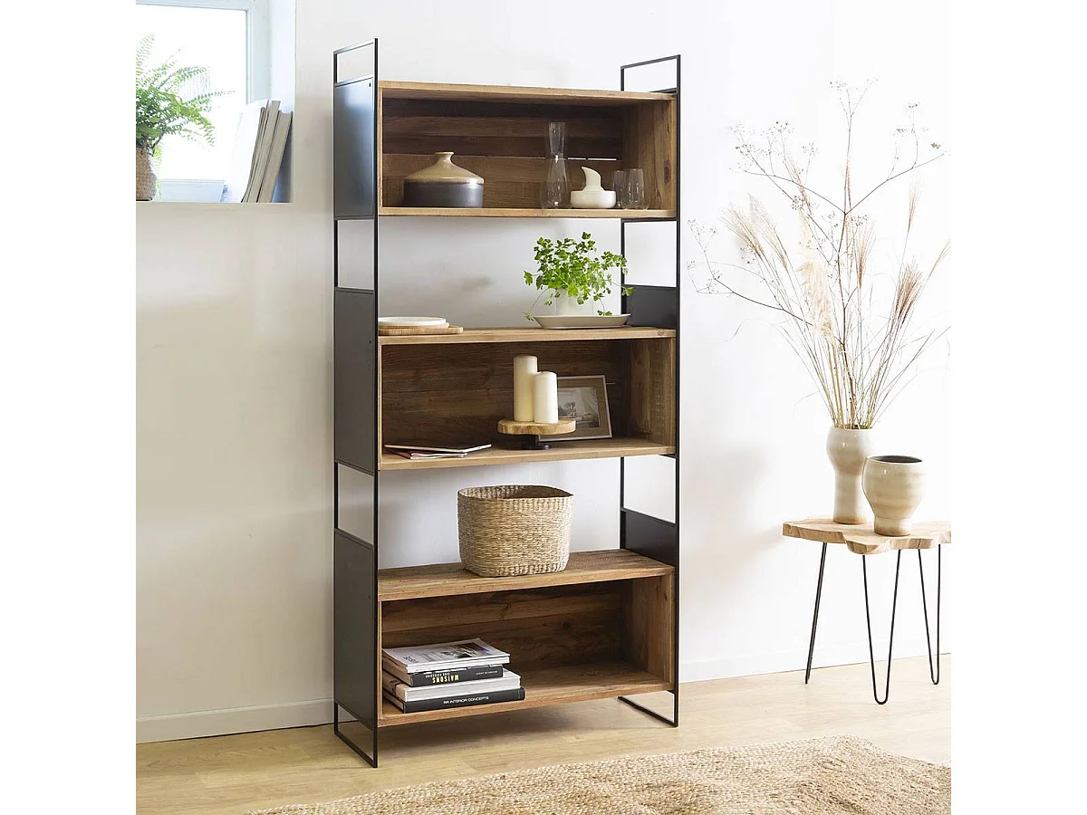 Estantería de madera reciclada Blaise 90 cm, estilo industrial, con grandes nichos e imperfecciones naturales