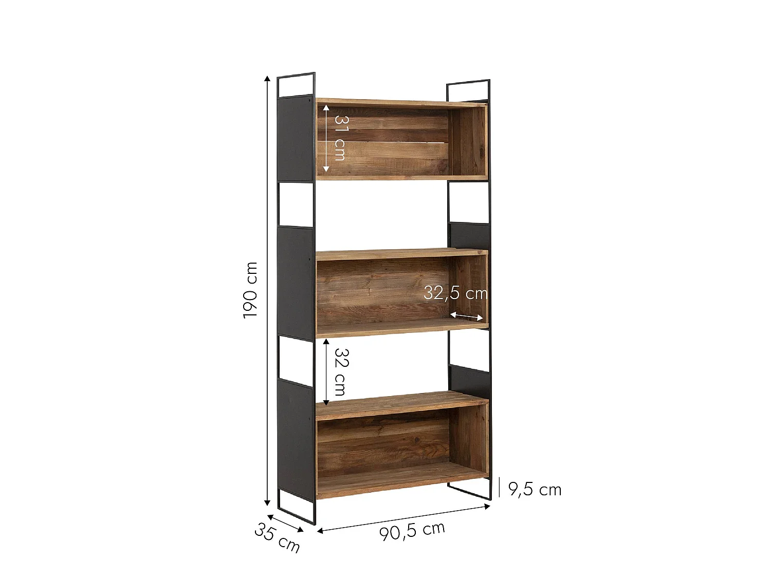 Estantería de madera reciclada Blaise 90 cm, estilo industrial, con grandes nichos e imperfecciones naturales