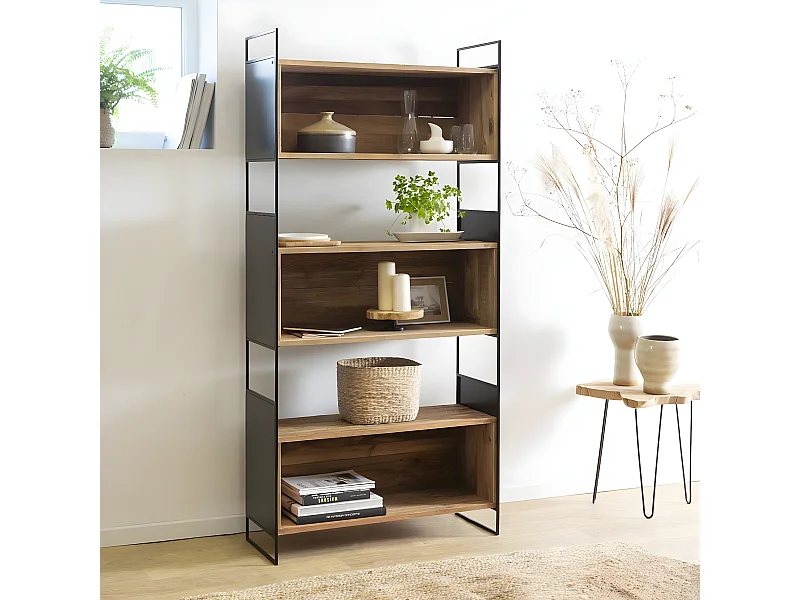 Estantería de madera reciclada Blaise 90 cm, estilo industrial, con grandes nichos e imperfecciones naturales