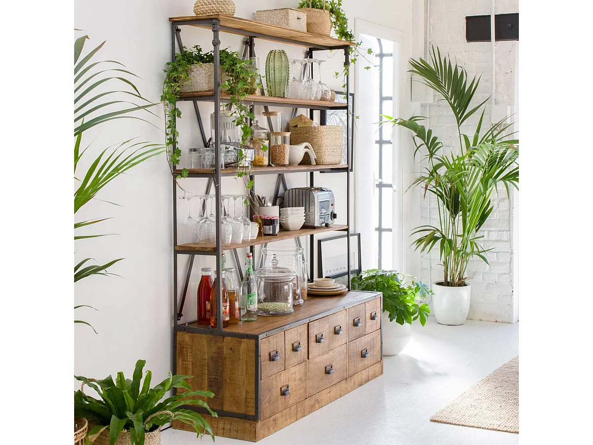 Bibliothèque en métal et bois de manguier Marcel