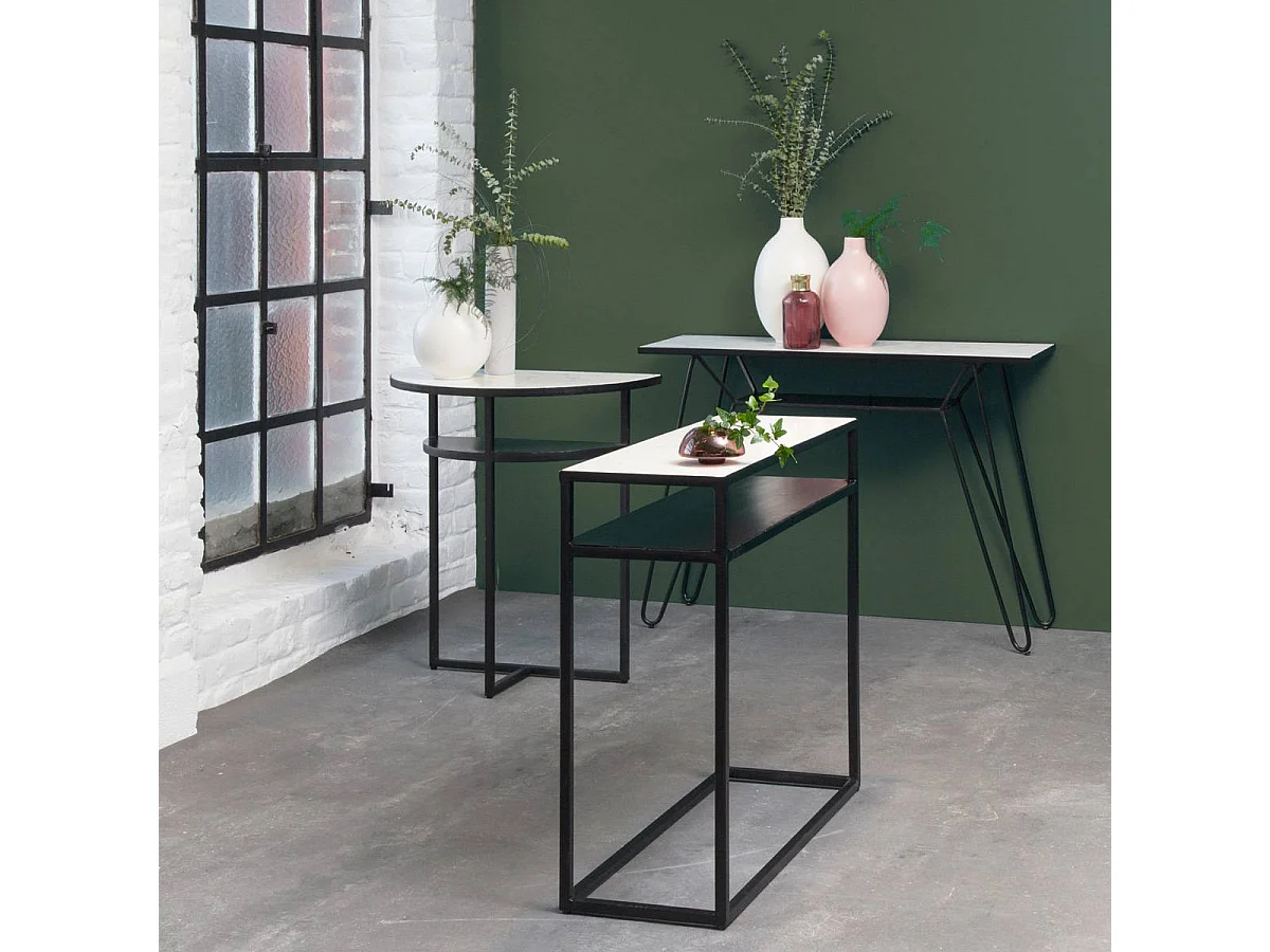 Console pieds compas en marbre blanc et métal Marceau