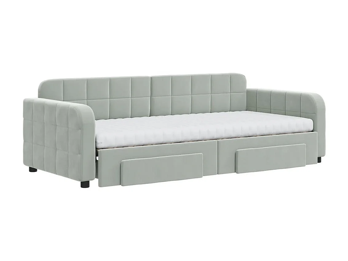 Lit de jour avec gigogne et tiroirs gris clair 90x200cm velours