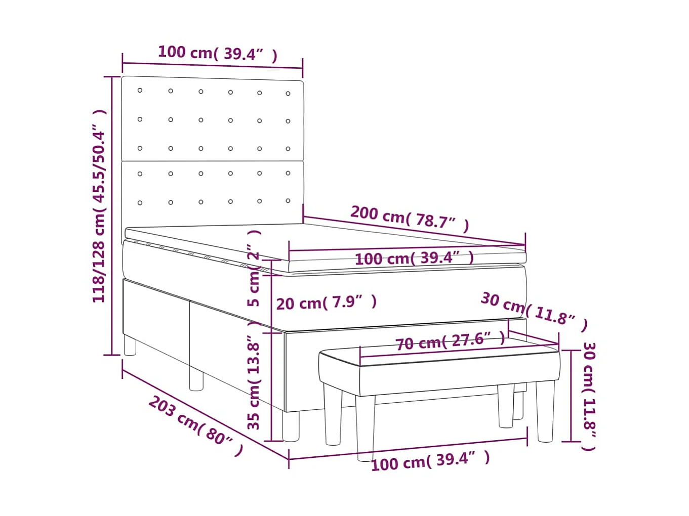 Lit à sommier tapissier avec matelas Bleu 100x200 cm Tissu