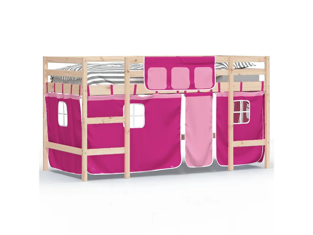 Lit mezzanine enfants et rideaux rose 80x200cm bois pin massif