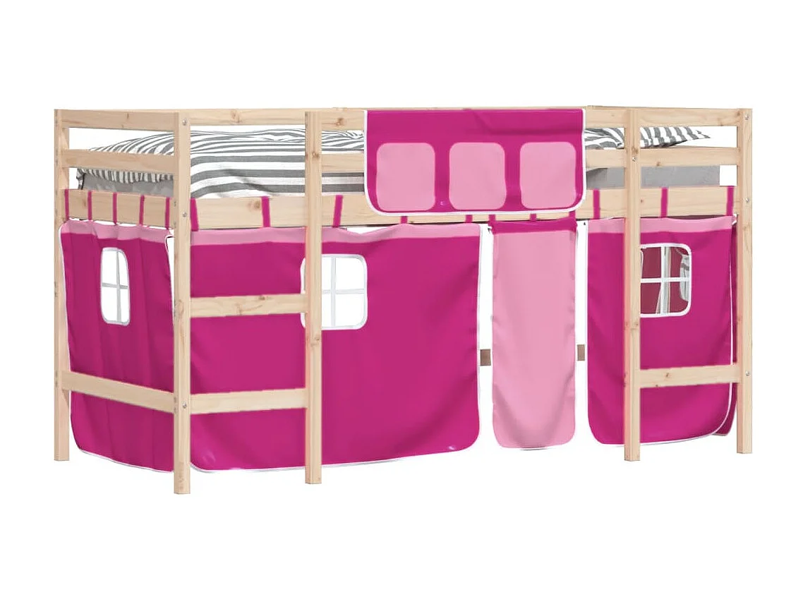 Lit mezzanine enfants et rideaux rose 80x200cm bois pin massif