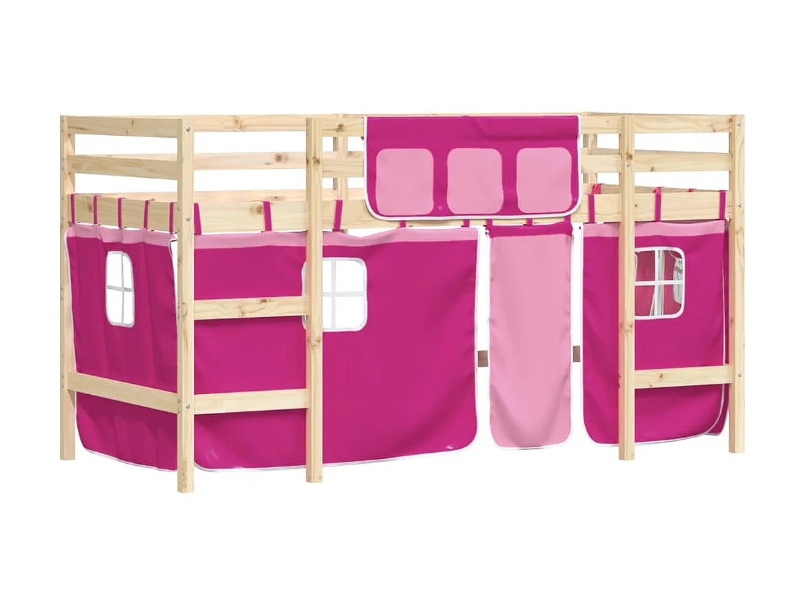 Lit mezzanine enfants et rideaux rose 80x200cm bois pin massif