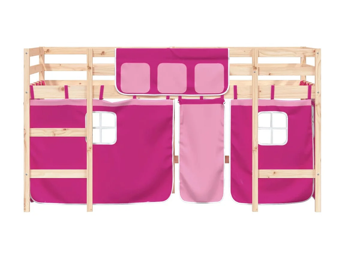 Lit mezzanine enfants et rideaux rose 80x200cm bois pin massif