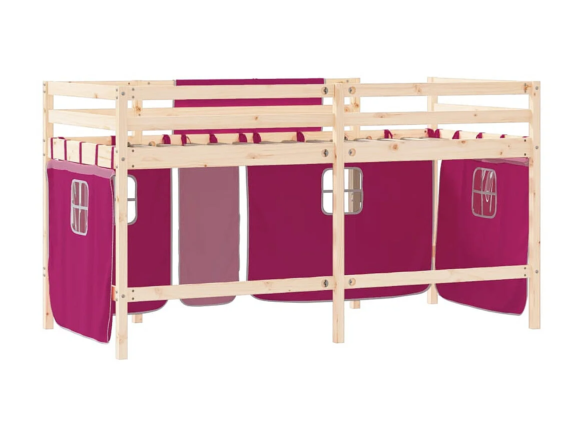 Lit mezzanine enfants et rideaux rose 80x200cm bois pin massif