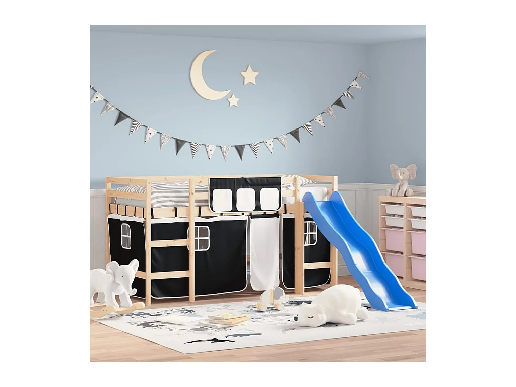 Kindertussenbed en wit/zwarte gordijnen 90x190cm massief grenen