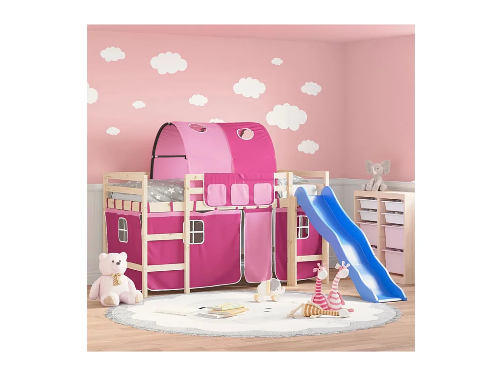 Lit mezzanine enfants avec tunnel rose 90x190cm bois pin massif