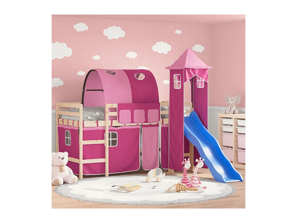 Kindertussenbed met roze toren 90x190 cm massief grenenhout