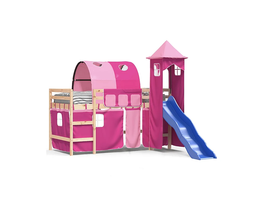 Lit mezzanine enfants avec tour rose 90x190 cm bois pin massif