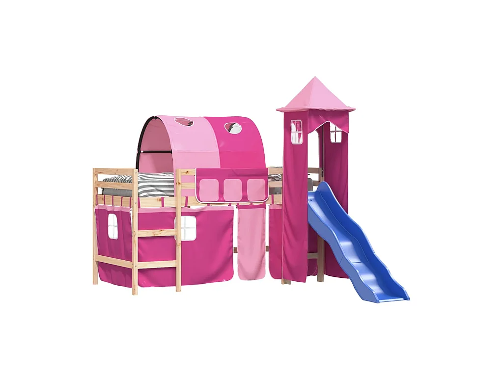 Lit mezzanine enfants avec tour rose 90x190 cm bois pin massif