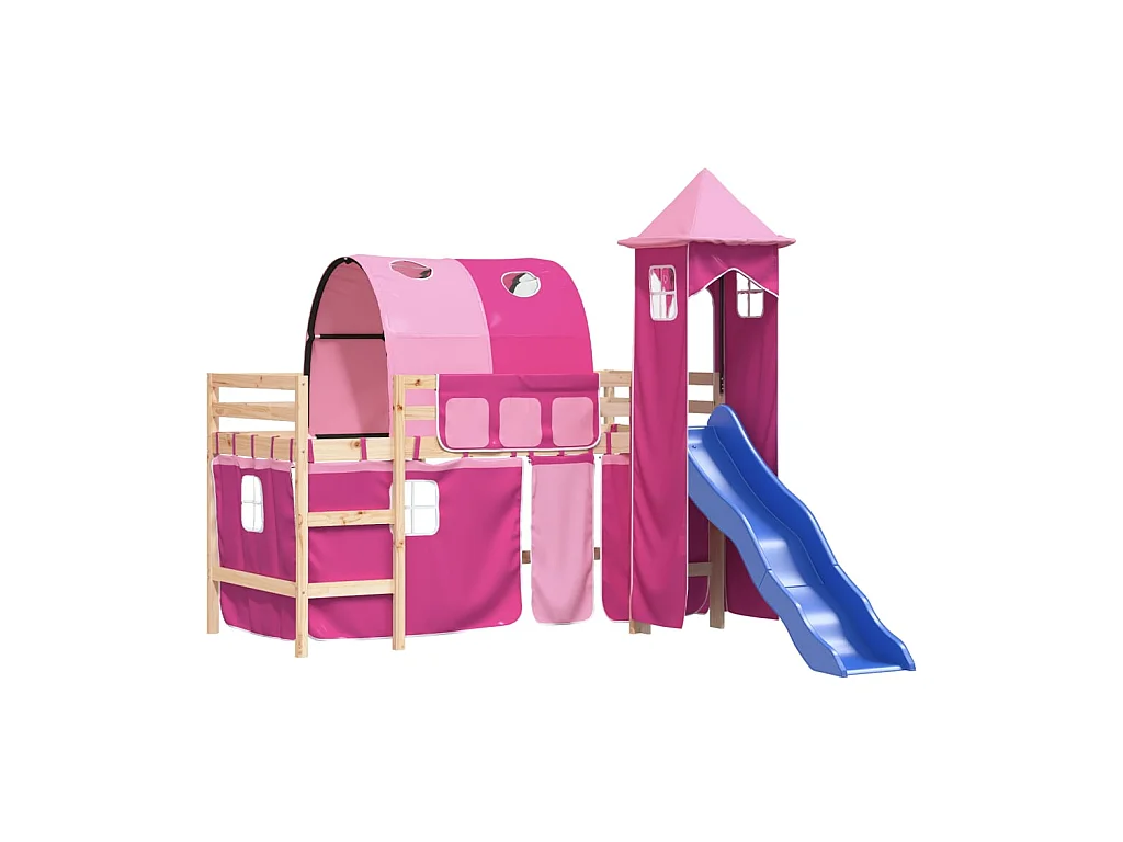 Lit mezzanine enfants avec tour rose 90x190 cm bois pin massif