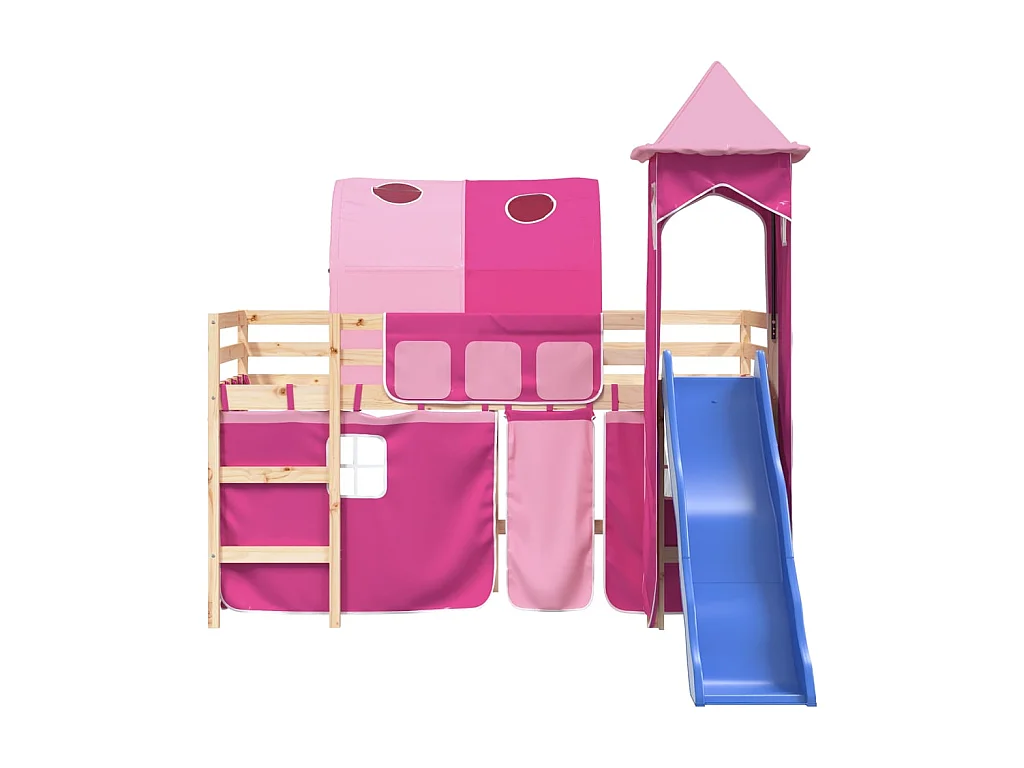 Lit mezzanine enfants avec tour rose 90x190 cm bois pin massif
