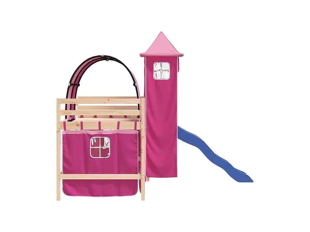 Lit mezzanine enfants avec tour rose 90x190 cm bois pin massif