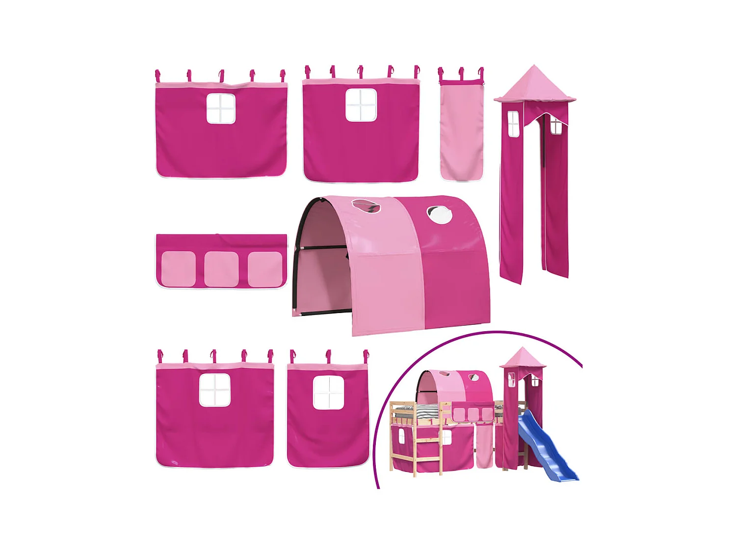 Lit mezzanine enfants avec tour rose 90x190 cm bois pin massif