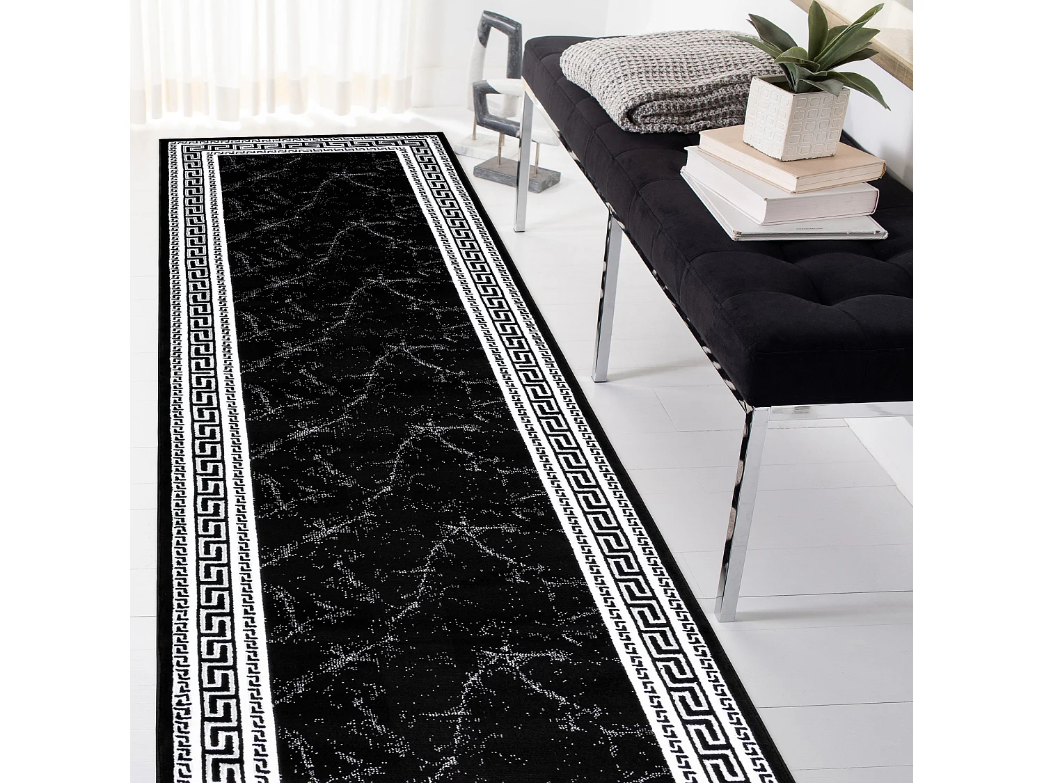 Tapijt GLOSS modern 2813 87 stijlvol, frame, Grieks zwart / grijs 60x250 cm