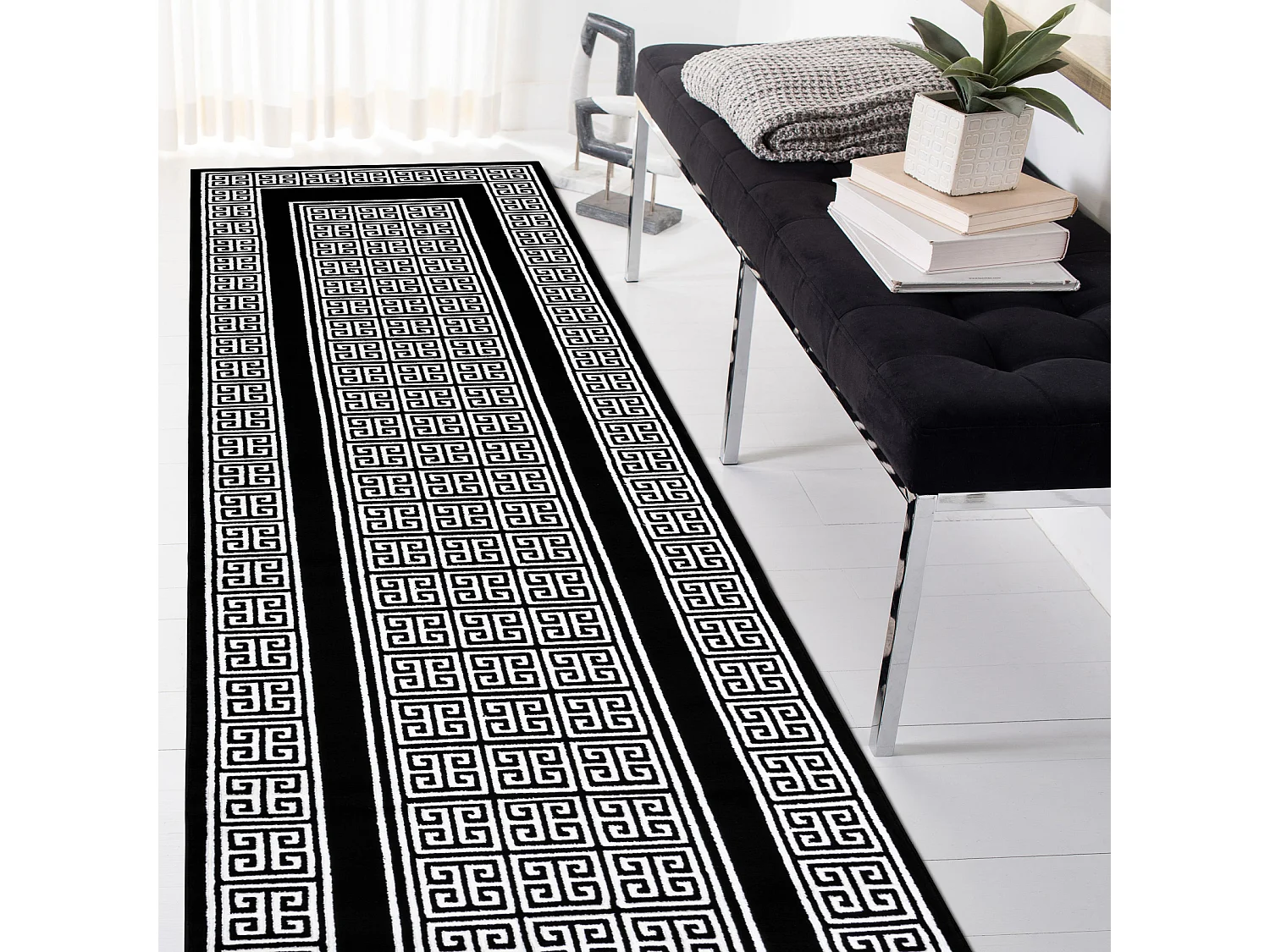 Tapijt GLOSS modern 6776 85 stijlvol, frame, Grieks zwart / ivoorkleur 80x300 cm