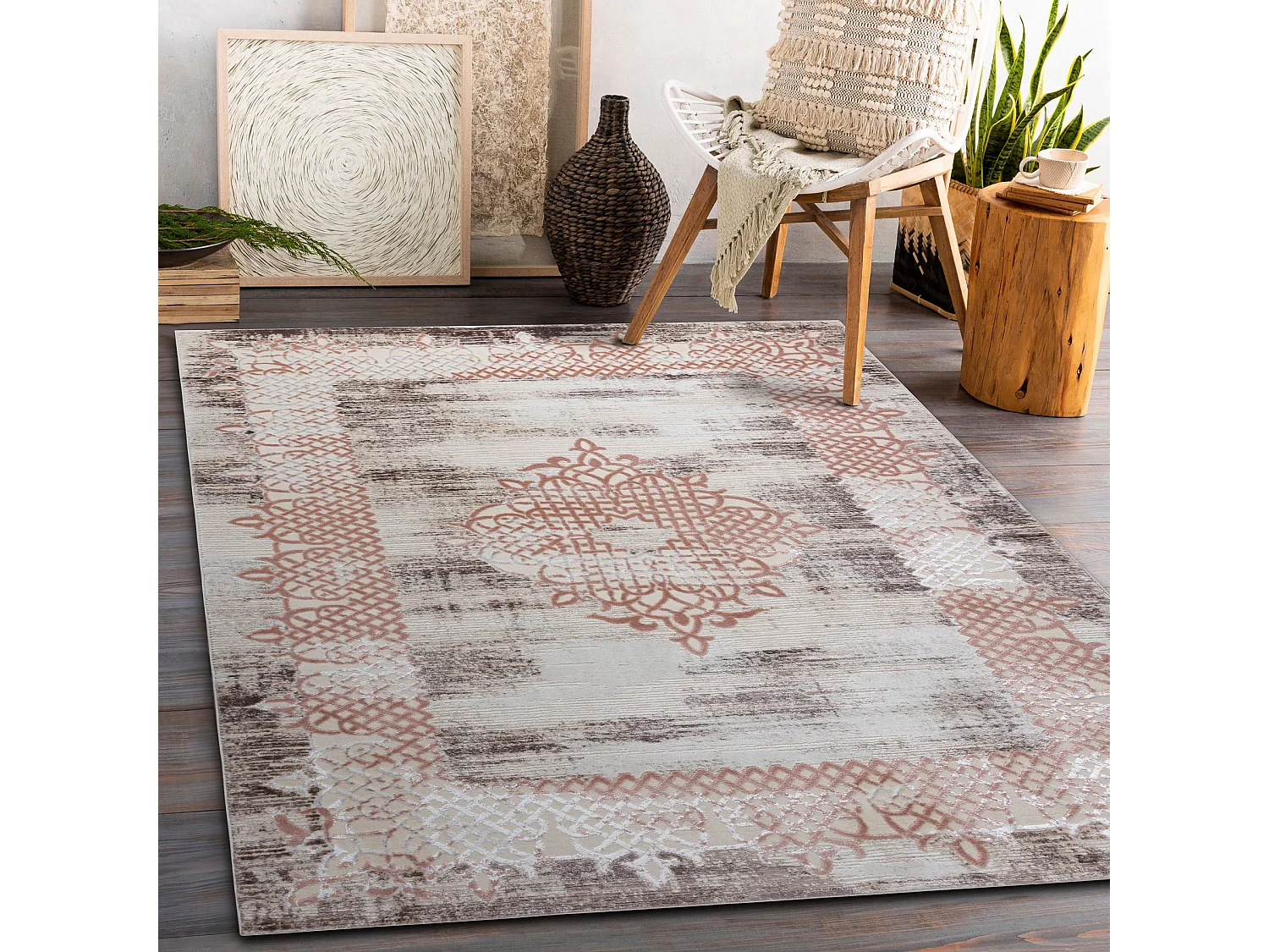 Tapijt CORE W9797 Kader, Rosette - structureel, twee lagen vlies, beig 160x220 cm