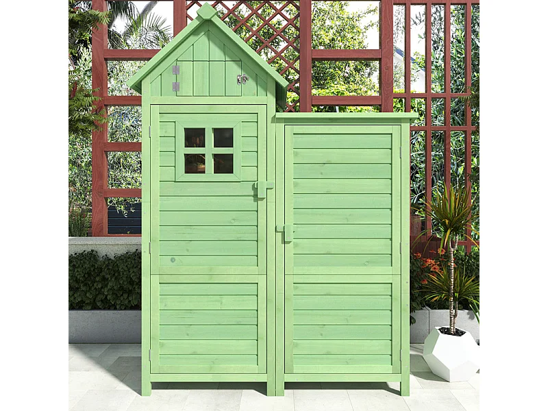 Abri de jardin en bois de sapin - remise à outils avec 2 étagères intégrées - H 173 cm - toit imperméable en PVC - Vert