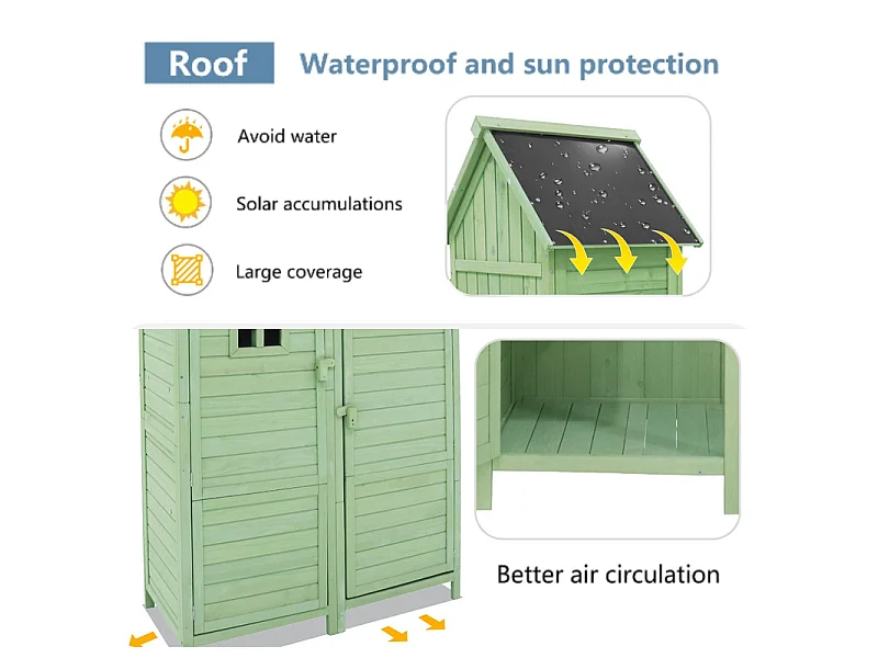 Abri de jardin en bois de sapin - remise à outils avec 2 étagères intégrées - H 173 cm - toit imperméable en PVC - Vert