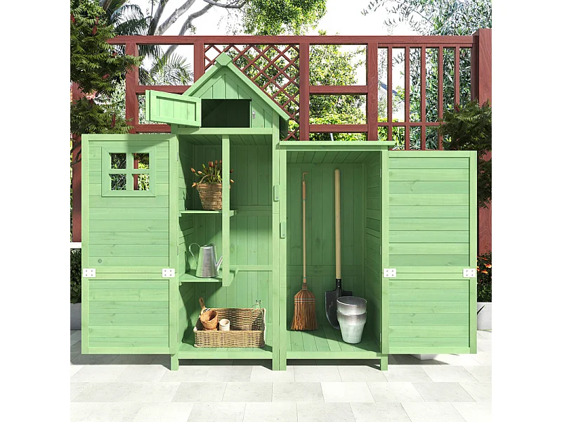 Abri de jardin en bois de sapin - remise à outils avec 2 étagères intégrées - H 173 cm - toit imperméable en PVC - Vert