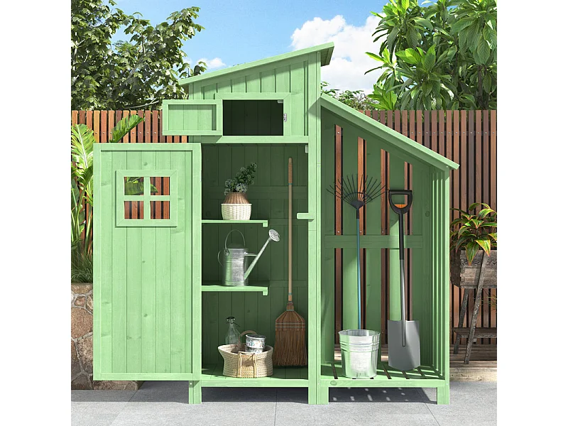 Gartenschuppen aus Tannenholz – Geräteschuppen mit 2 integrierten Regalen – H 173 cm – wasserdichtes PVC-Dach – Grün