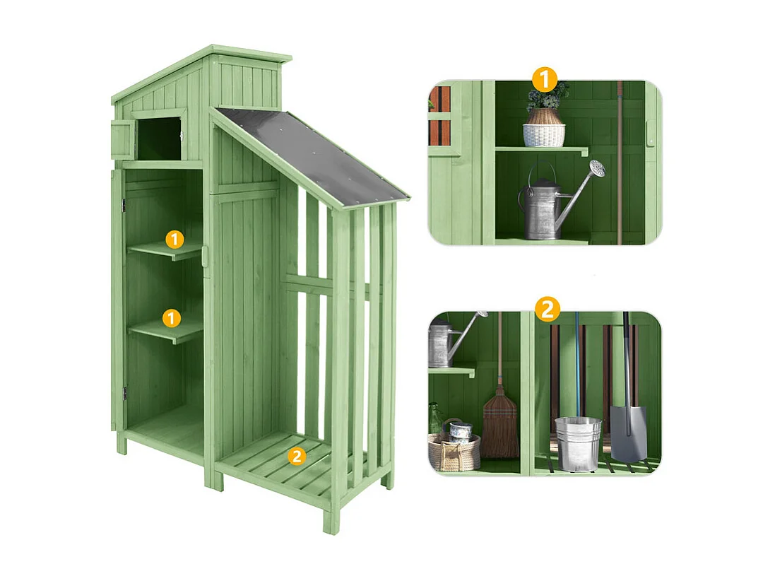 Gartenschuppen aus Tannenholz – Geräteschuppen mit 2 integrierten Regalen – H 173 cm – wasserdichtes PVC-Dach – Grün