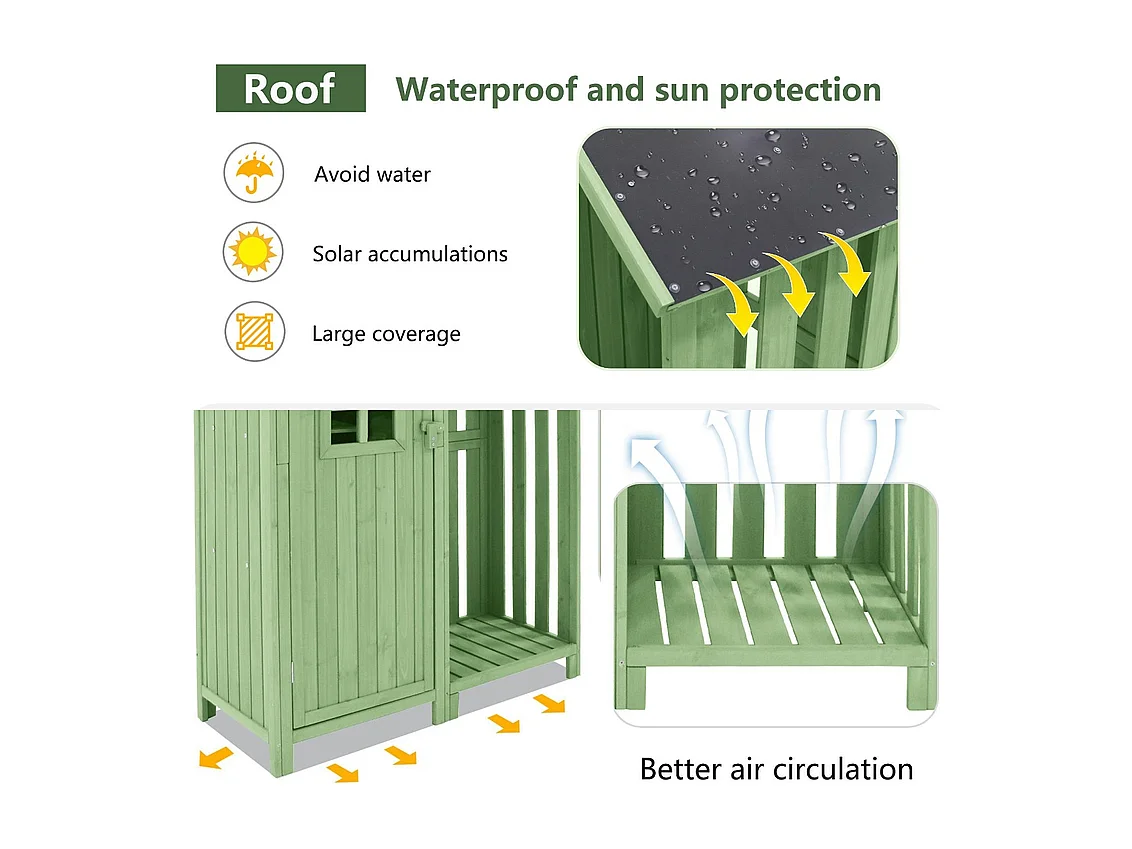 Cobertizo de jardín de madera de abeto - cobertizo para herramientas con 2 estantes integrados - Al. 173 cm - Techo de PVC impermeable - Verde