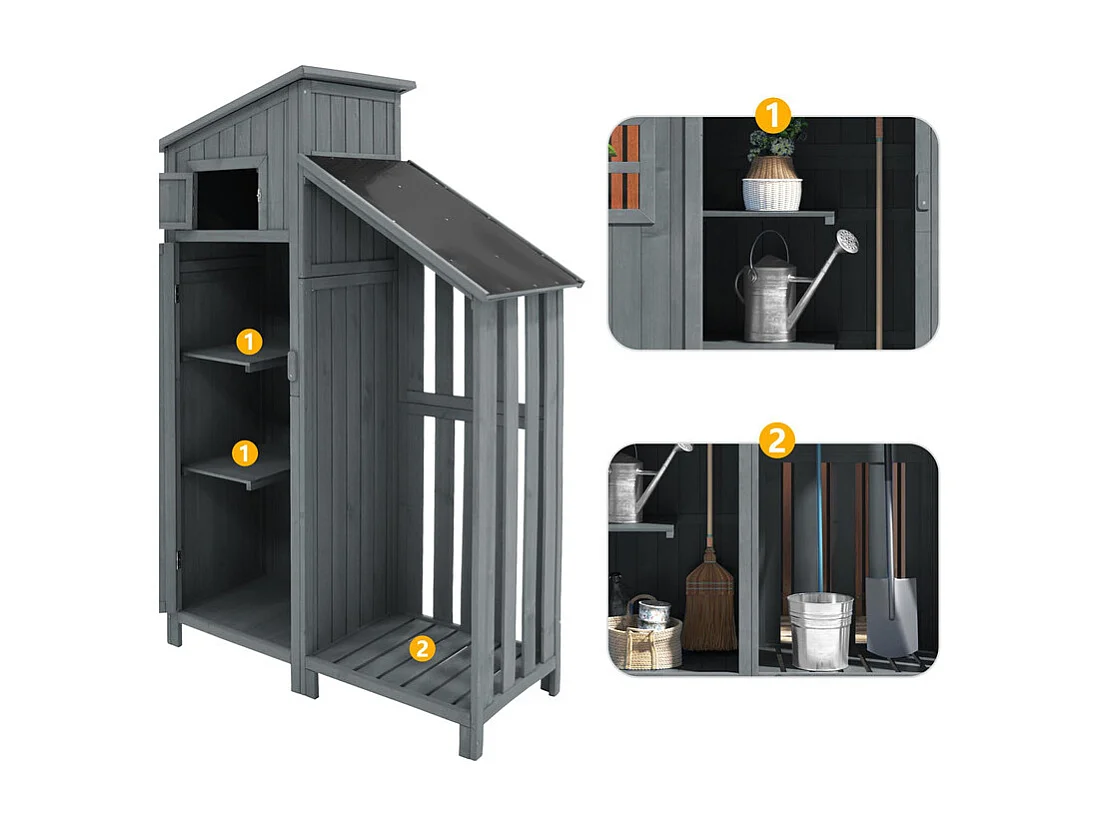 Abri de jardin en bois de sapin - remise à outils avec 2 étagères intégrées - H 173 cm - toit imperméable en PVC - Gris