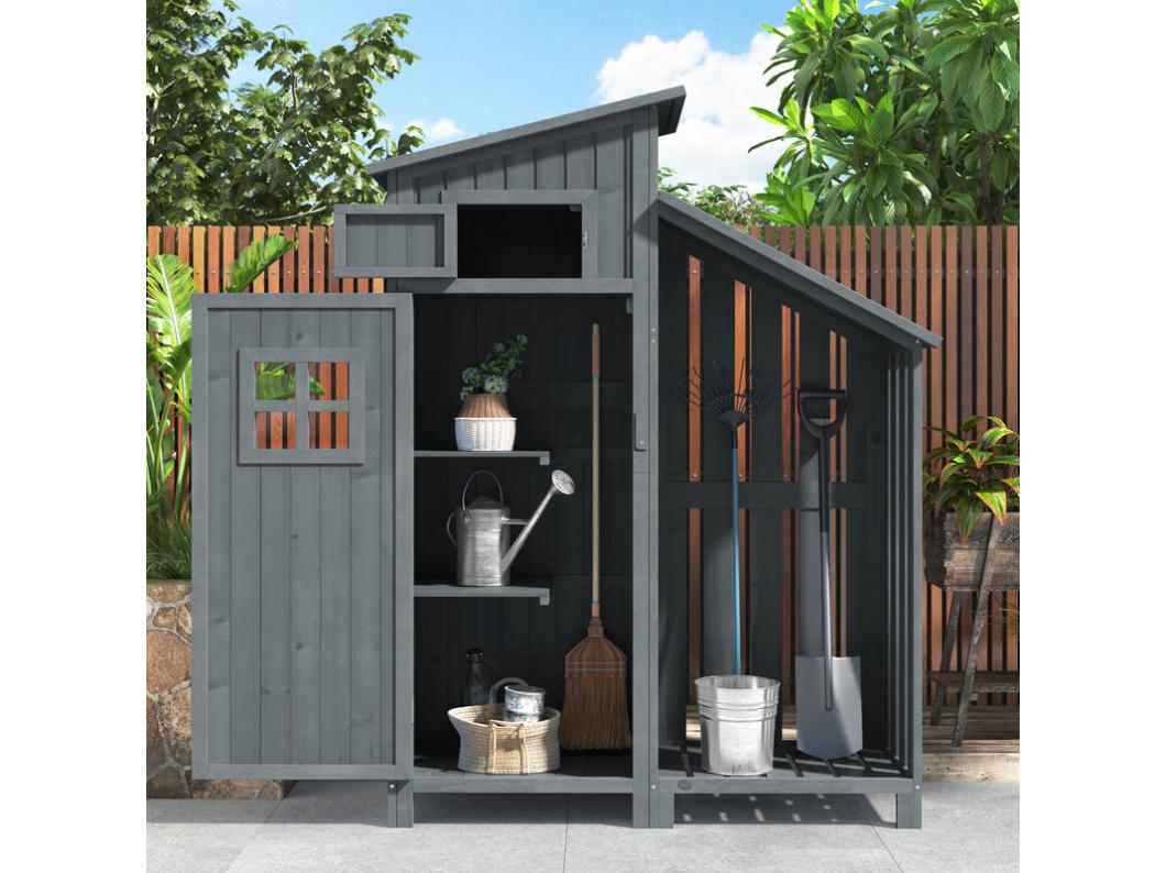 Sparrenhouten tuinhuis - gereedschapsschuur met 2 geïntegreerde planken - H 173 cm - waterdicht PVC dak - Grijs
