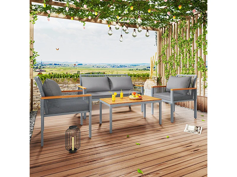 Salon de Jardin en acier 4 places - canapé、2 fauteuils et table basse - décoré de PE rotin et bois d'acacia - Gris