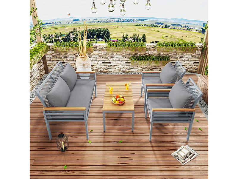 Salon de Jardin en acier 4 places - canapé、2 fauteuils et table basse - décoré de PE rotin et bois d'acacia - Gris