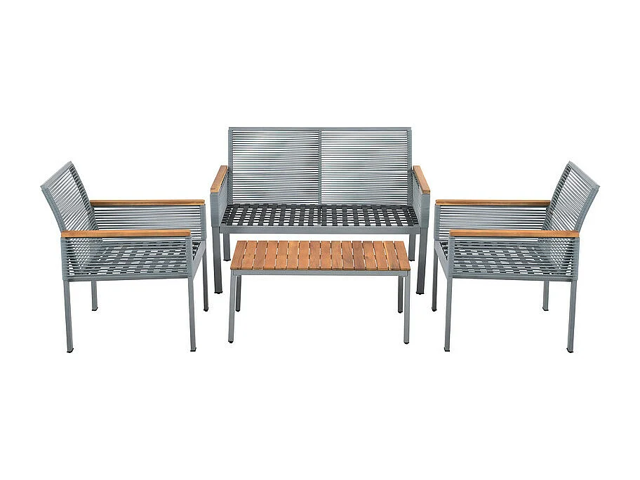 Salon de Jardin en acier 4 places - canapé、2 fauteuils et table basse - décoré de PE rotin et bois d'acacia - Gris