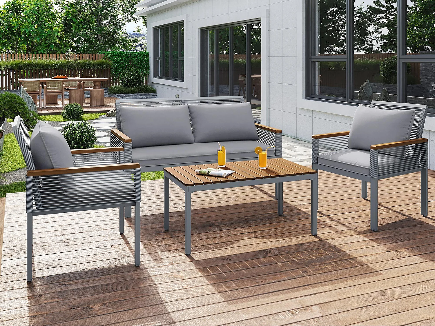 Salon de Jardin en acier 4 places - canapé、2 fauteuils et table basse - décoré de PE rotin et bois d'acacia - Gris