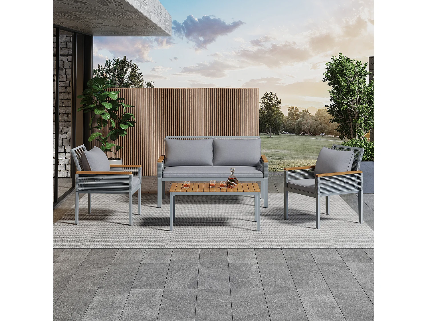 Salon de Jardin en acier 4 places - canapé、2 fauteuils et table basse - décoré de PE rotin et bois d'acacia - Gris