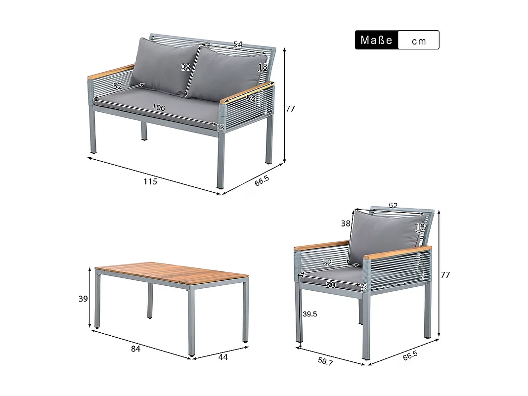 Salon de Jardin en acier 4 places - canapé、2 fauteuils et table basse - décoré de PE rotin et bois d'acacia - Gris