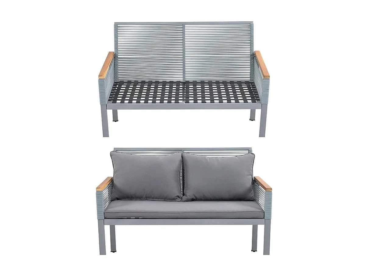 Salon de Jardin en acier 4 places - canapé、2 fauteuils et table basse - décoré de PE rotin et bois d'acacia - Gris