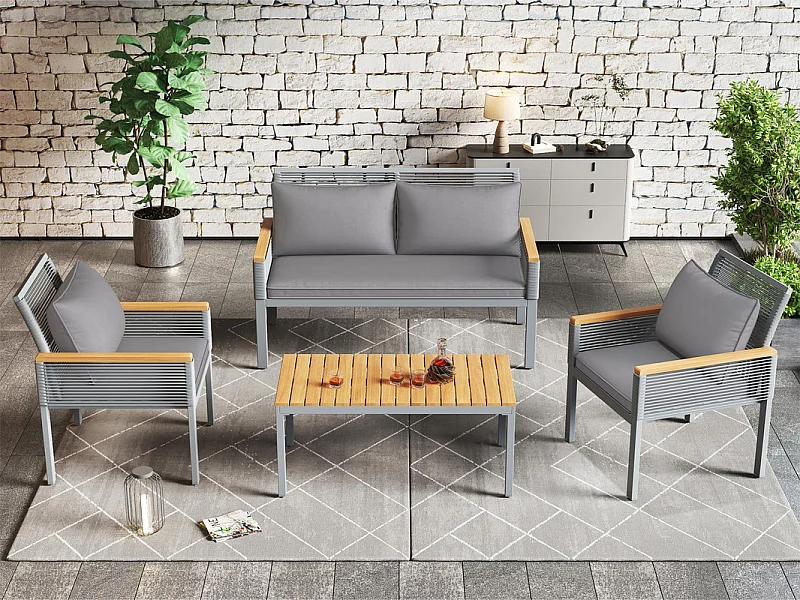 Salon de Jardin en acier 4 places - canapé、2 fauteuils et table basse - décoré de PE rotin et bois d'acacia - Gris