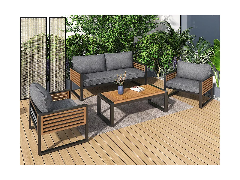 Gartenmöbel aus Eisen für 4 Personen – 1 Sofa, 2 Sessel und 1 Couchtisch – dekoriert mit Akazienholz – Grau
