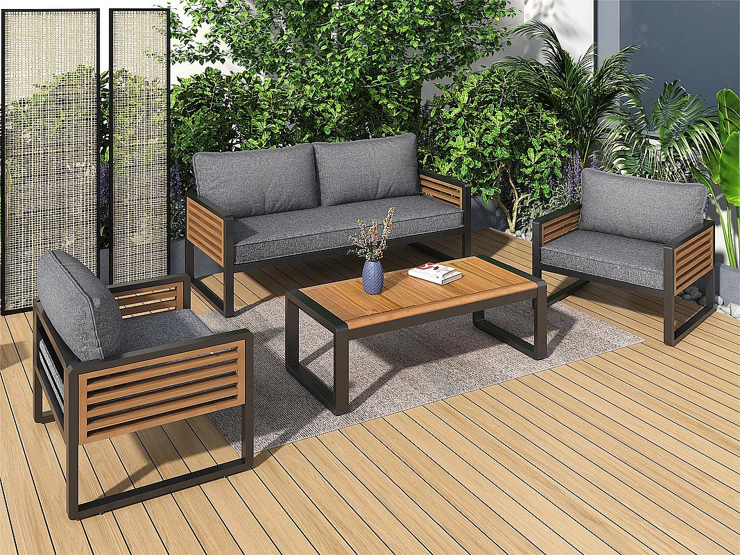 Salon de jardin en Fer 4 personnes - 1 canapé、2 fauteuils et 1 table basse - décoré de Bois d'Acacia - Gris