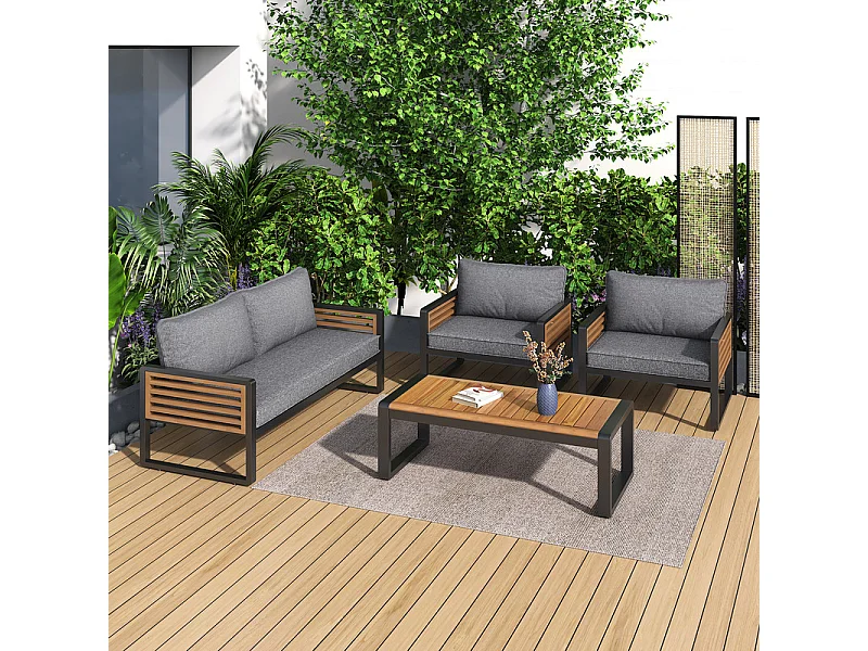 Salon de jardin en Fer 4 personnes - 1 canapé、2 fauteuils et 1 table basse - décoré de Bois d'Acacia - Gris