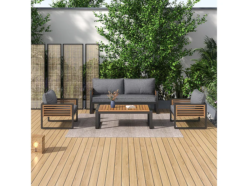 Salon de jardin en Fer 4 personnes - 1 canapé、2 fauteuils et 1 table basse - décoré de Bois d'Acacia - Gris