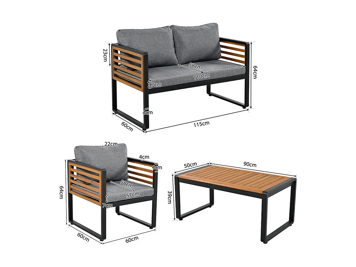Salon de jardin en Fer 4 personnes - 1 canapé、2 fauteuils et 1 table basse - décoré de Bois d'Acacia - Gris