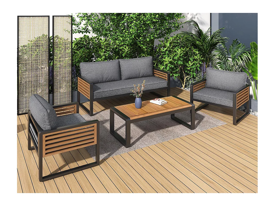 Salon de jardin en Fer 4 personnes - 1 canapé、2 fauteuils et 1 table basse - décoré de Bois d'Acacia - Gris