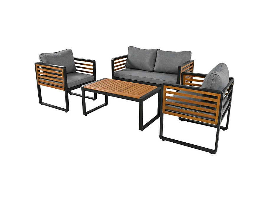 Salon de jardin en Fer 4 personnes - 1 canapé、2 fauteuils et 1 table basse - décoré de Bois d'Acacia - Gris