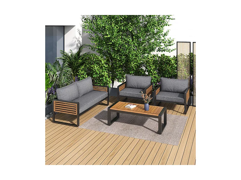 Salon de jardin en Fer 4 personnes - 1 canapé、2 fauteuils et 1 table basse - décoré de Bois d'Acacia - Gris