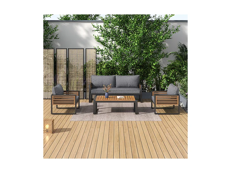 Salon de jardin en Fer 4 personnes - 1 canapé、2 fauteuils et 1 table basse - décoré de Bois d'Acacia - Gris