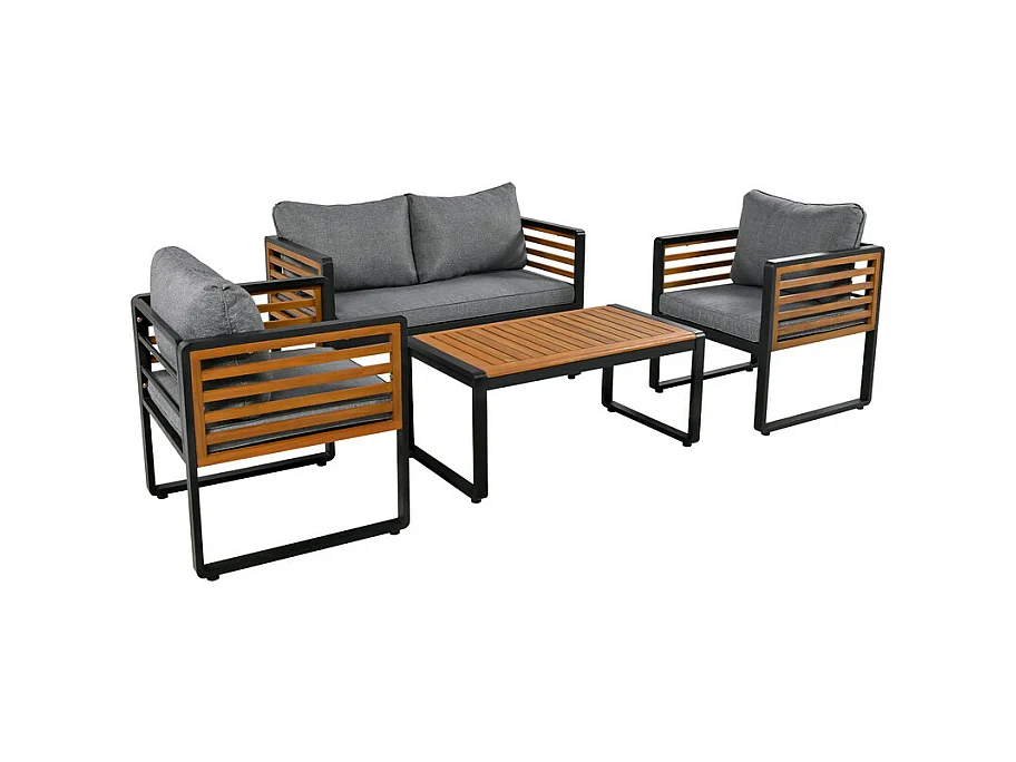 Salon de jardin en Fer 4 personnes - 1 canapé、2 fauteuils et 1 table basse - décoré de Bois d'Acacia - Gris